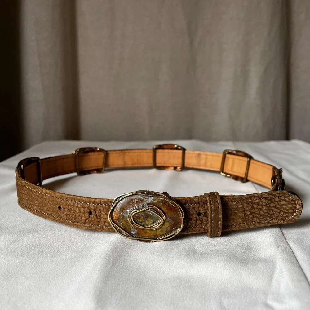 Elaine Coyne 1981 Signed Copper‎ Concho Leather Belt Adjustable 25-29